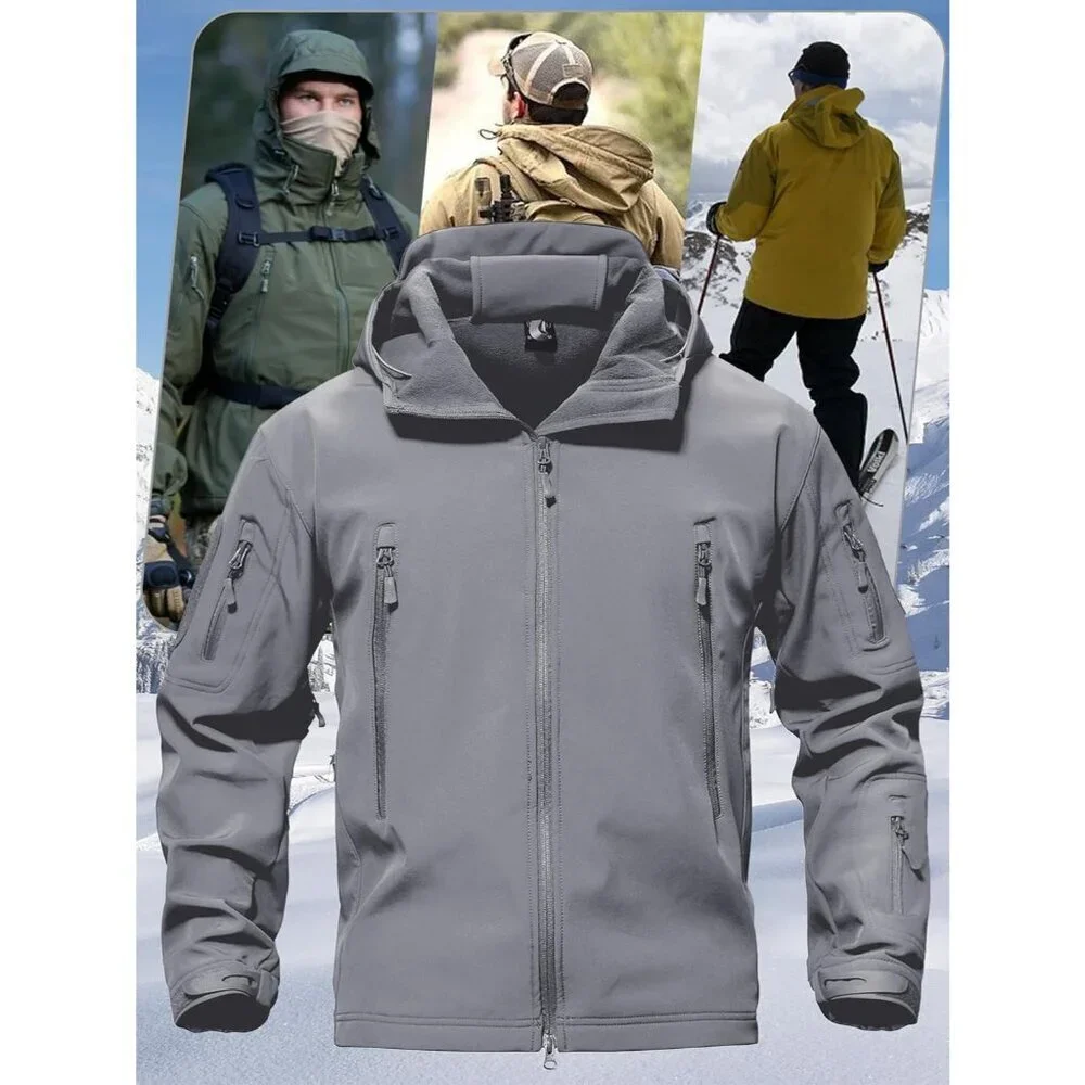 Men's #02-light Grey Tactical Soft Shell Winter Jacket with Fleece Lining & Hood